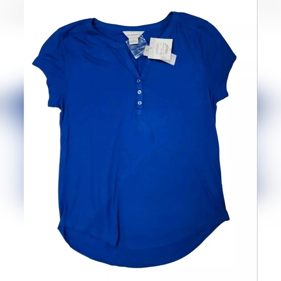 Liz Claiborne Luxury Blue Top Women's Large T-Shirt Rayon Poly Henley Tee NWT - Picture 2 of 7